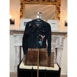 Brandon Thomas Black Suede Leather Embroidered Floral Trucker Jacket Womens S